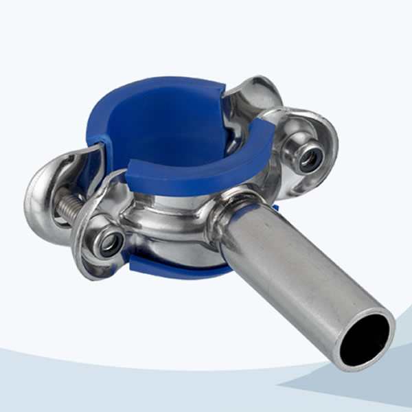stainless steel food processing pipe support with blue sleeve